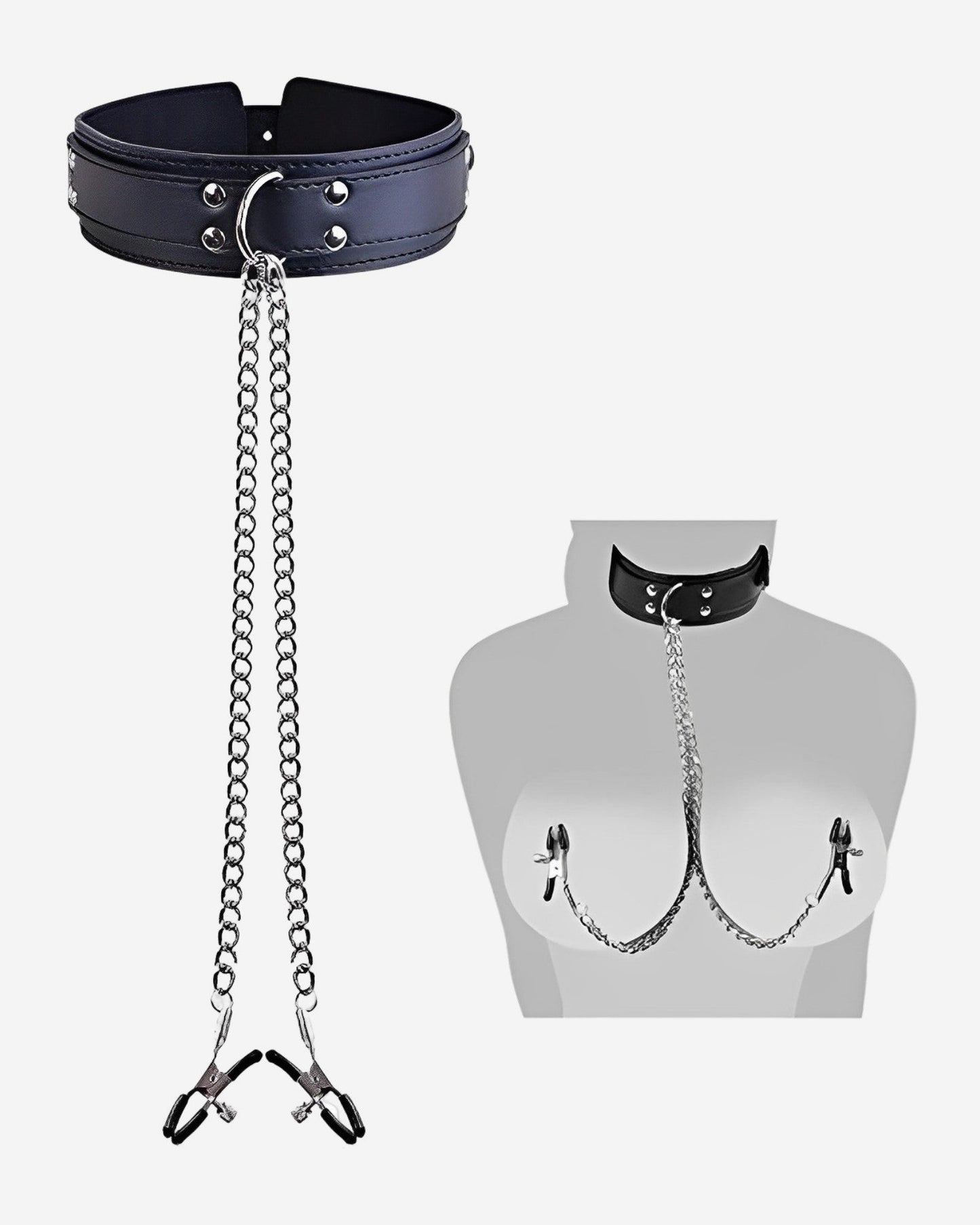 0 Vegan Leather Choker Collar With Nipple Breast Clamp Clip Chain