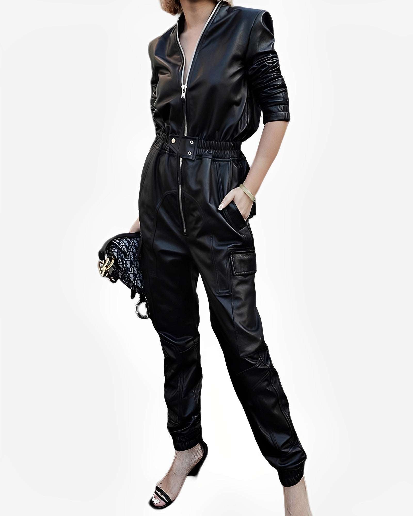 0 Vegan Leather Jumpsuit with Long Sleeve - Plus Size